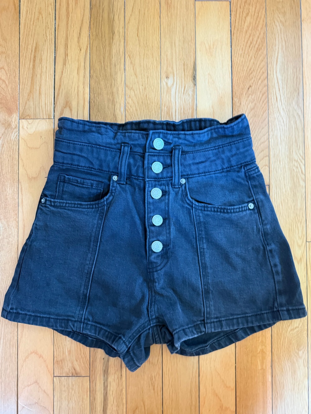 Womens Black Denim High Waisted Button-Front Shorts